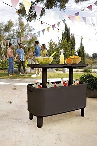 Keter Breeze Bar Outdoor Patio Furniture and Hot Tub Side Table with 17 Gallon Beer and Wine Cooler, Espresso Brown