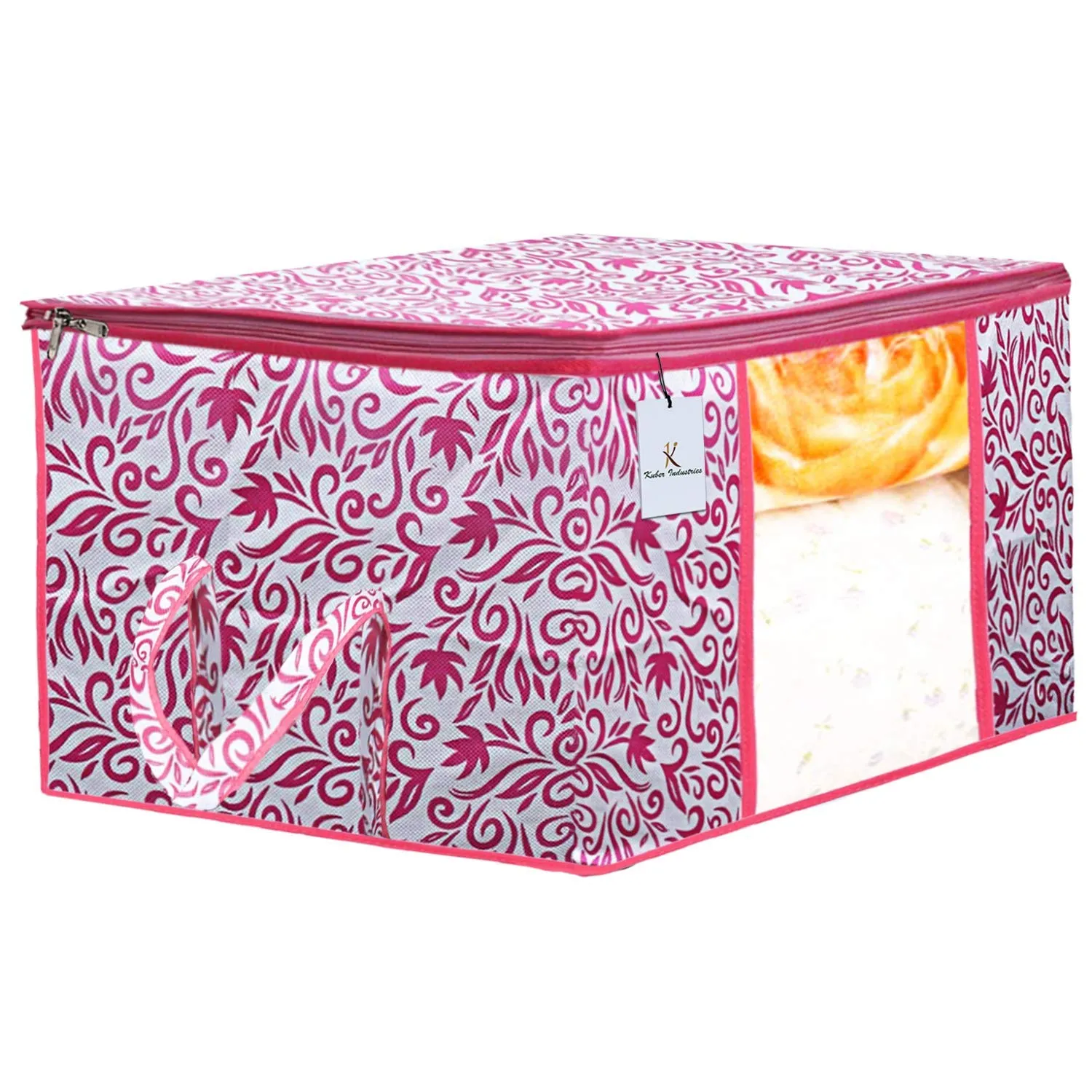 Kuber Industries Leaf Design Non Woven 6 Pieces Saree Cover and 3 Pieces Underbed Storage Bag, Cloth Organizer for Storage, Blanket Cover Combo Set (Pink) -CTKTC38663