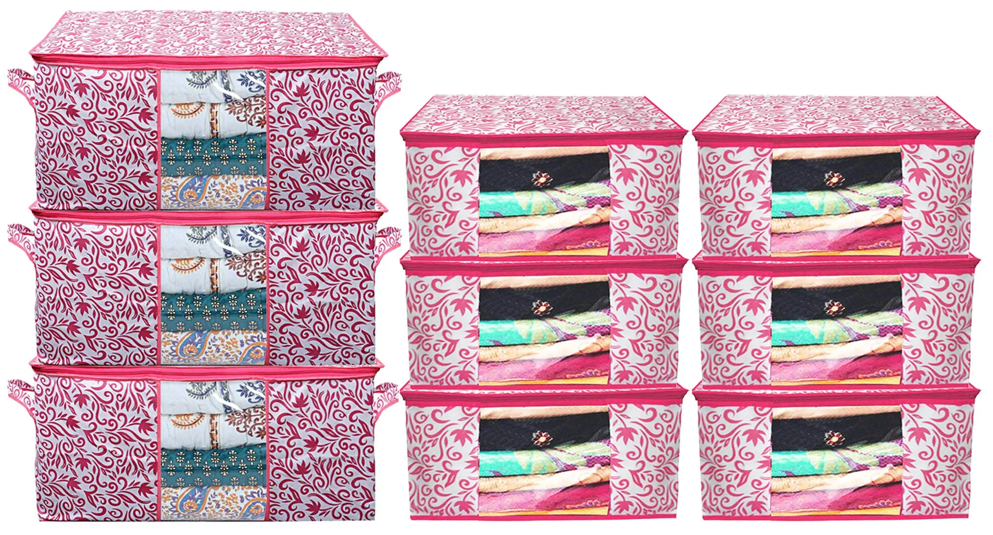 Kuber Industries Leaf Design Non Woven 6 Pieces Saree Cover and 3 Pieces Underbed Storage Bag, Cloth Organizer for Storage, Blanket Cover Combo Set (Pink) -CTKTC38663