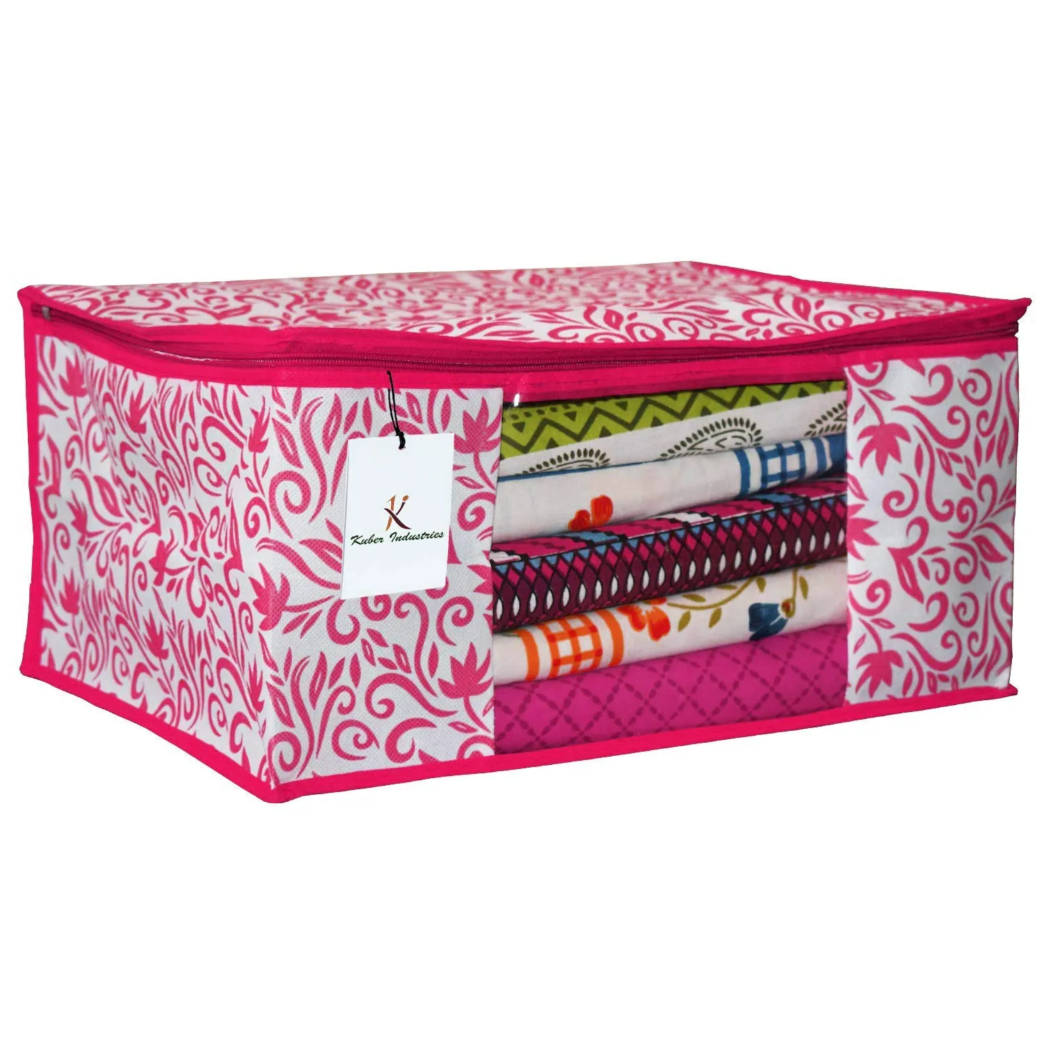 Kuber Industries Leaf Design Non Woven 6 Pieces Saree Cover and 3 Pieces Underbed Storage Bag, Cloth Organizer for Storage, Blanket Cover Combo Set (Pink) -CTKTC38663