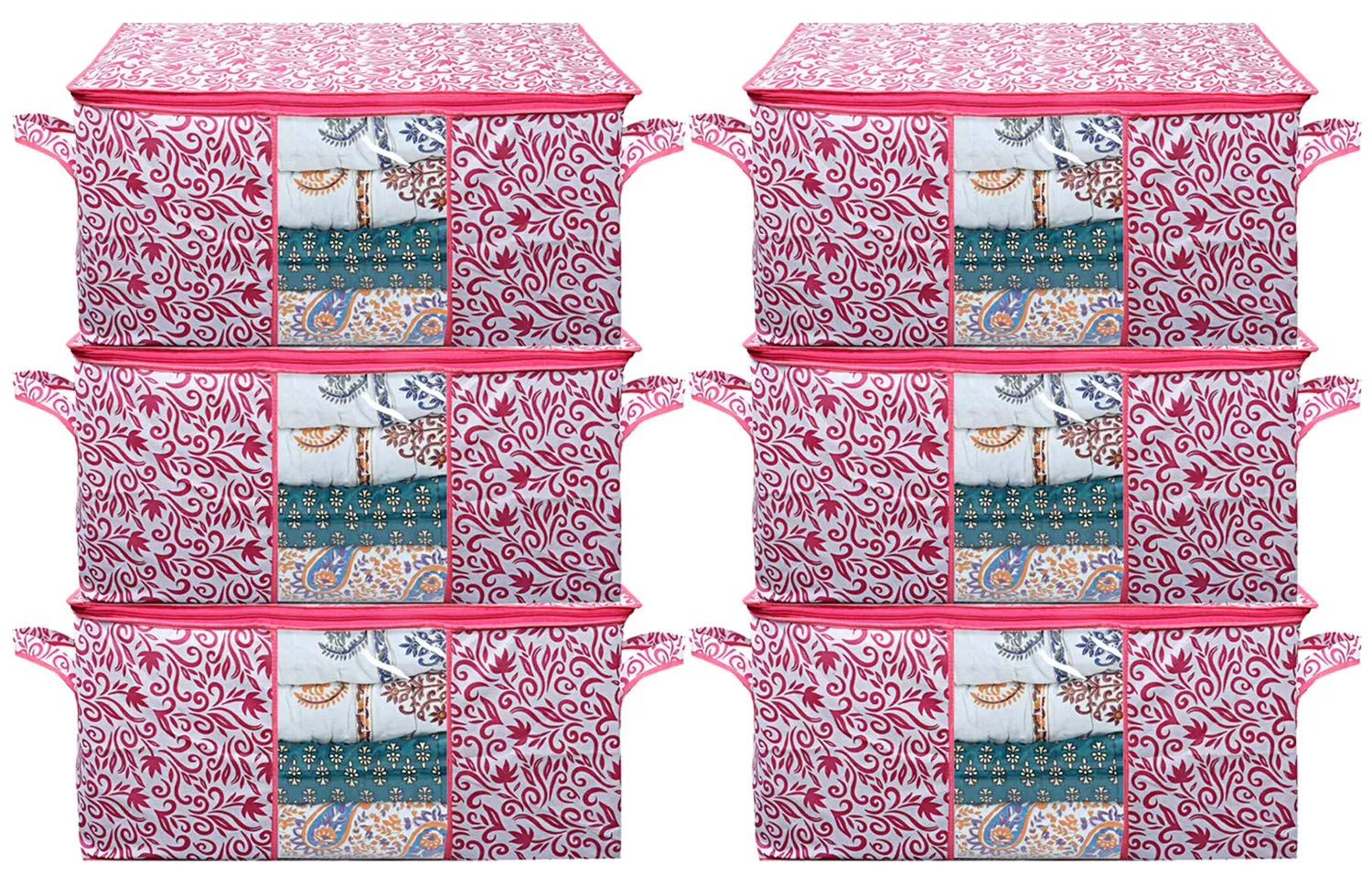 Kuber Industries Leaf Design Non Woven 6 Pieces Underbed Storage Bag, Storage Organiser, Blanket Cover (Pink)-CTKTC021209