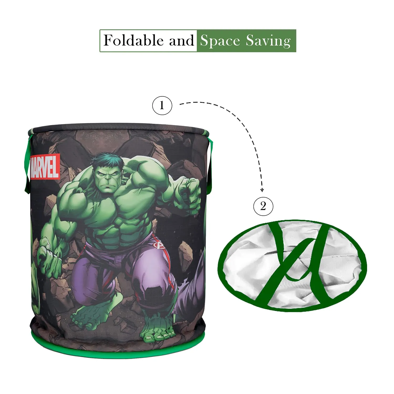 Kuber Industries Marvel Hulk Print Round Laundry Basket|Polyester Clothes Hamper|Waterproof & Foldable Round Laundry Bag with Handle,45 Ltr.Pack of 2 (Green)