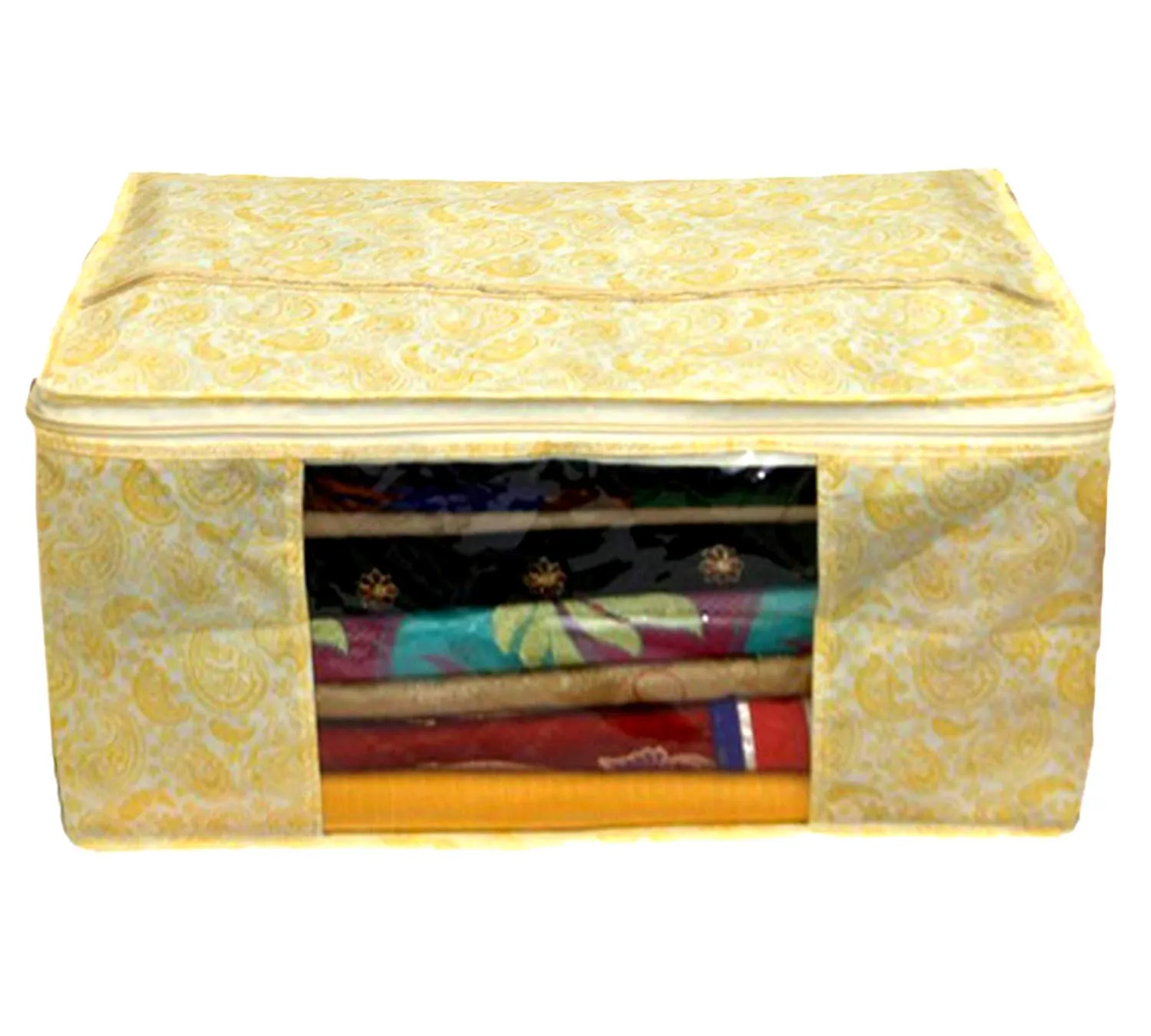 Kuber Industries Metallic Printed Non Woven 3 Pieces Saree Cover and 2 Pieces Underbed Storage Bag, Cloth Organizer for Storage, Blanket Cover Combo Set (Gold) -CTKTC38586