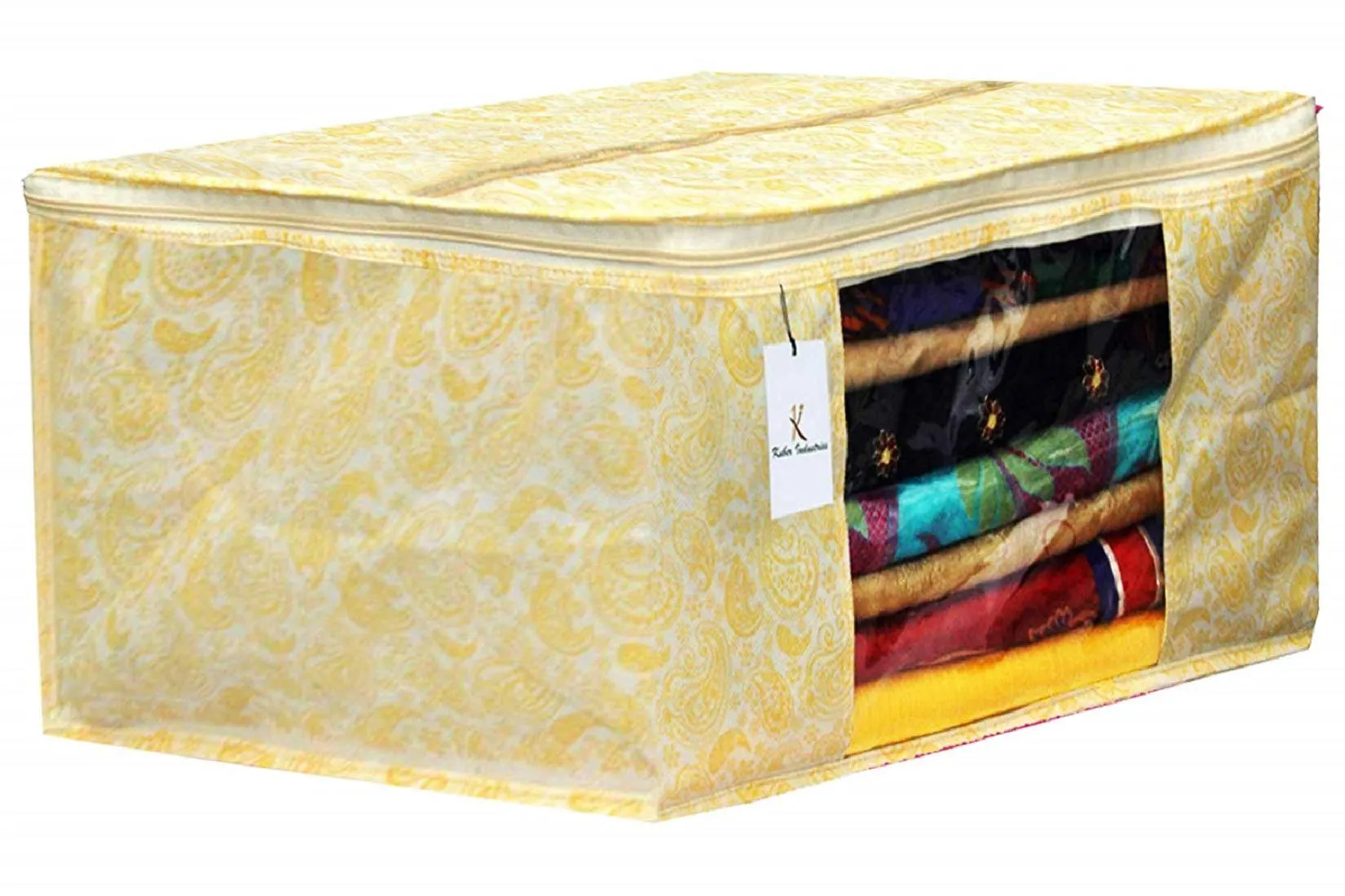 Kuber Industries Metallic Printed Non Woven 3 Pieces Saree Cover and 2 Pieces Underbed Storage Bag, Cloth Organizer for Storage, Blanket Cover Combo Set (Gold) -CTKTC38586