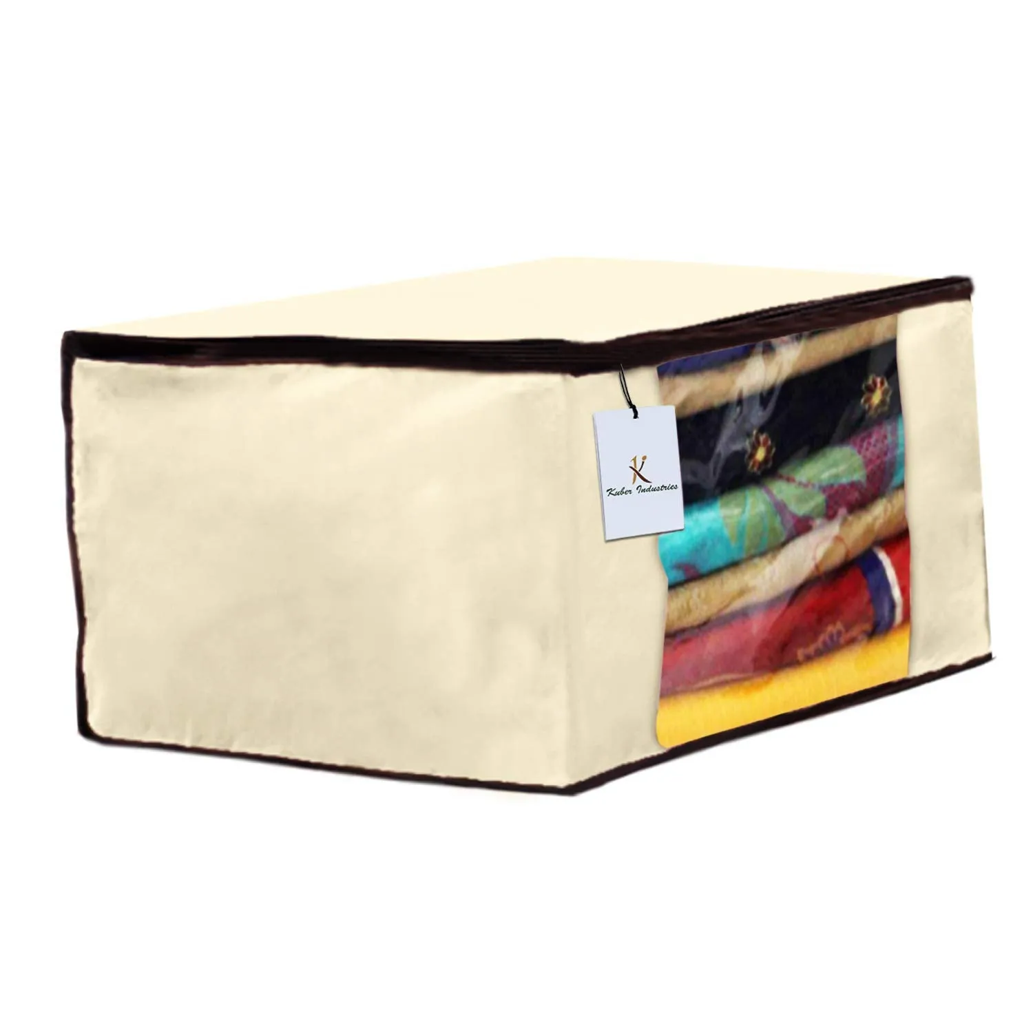 Kuber Industries Non Woven 3 Pieces Saree Cover and 2 Pieces Underbed Storage Bag, Cloth Organizer for Storage, Blanket Cover Combo Set (Ivory) -CTKTC38514