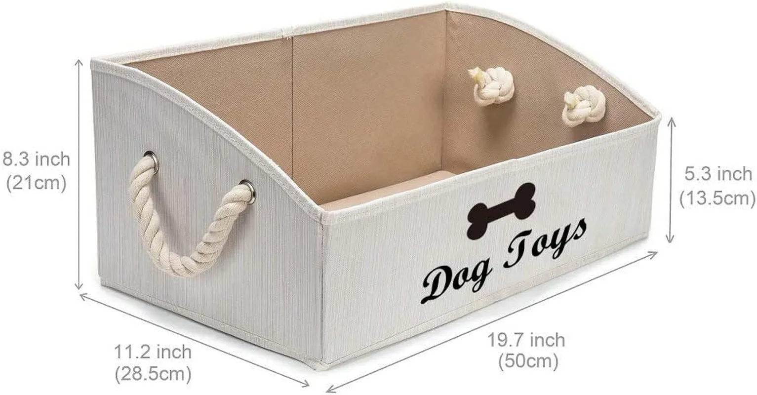 Large Dog Toys Storage Bins-Foldable Fabric Trapezoid Organizer Boxes with Weave Rope Handle,Collapsible Basket for Shelves,Dog Apparel(Beige-Dog)