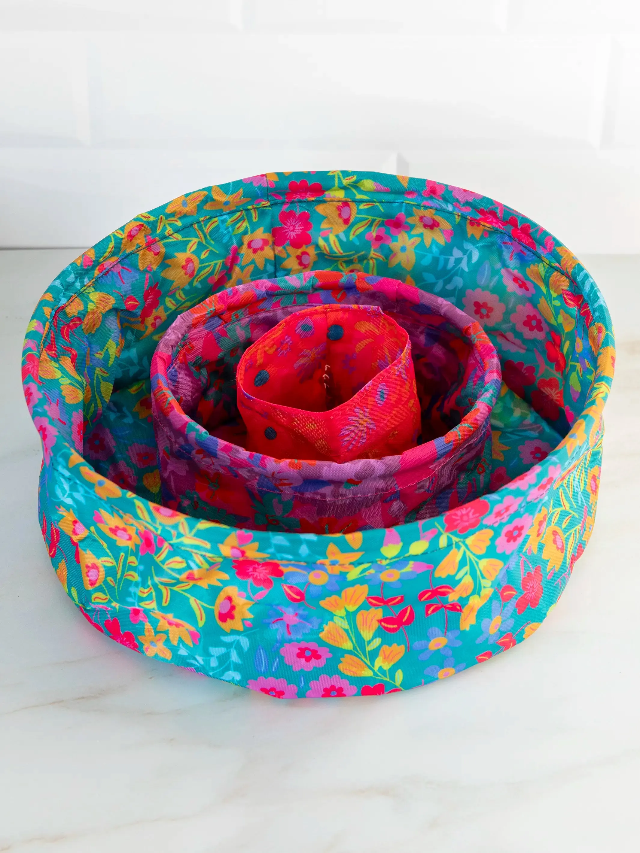 Mini Collapsible Storage Bins, Set of 3 - Turquoise Pink Floral