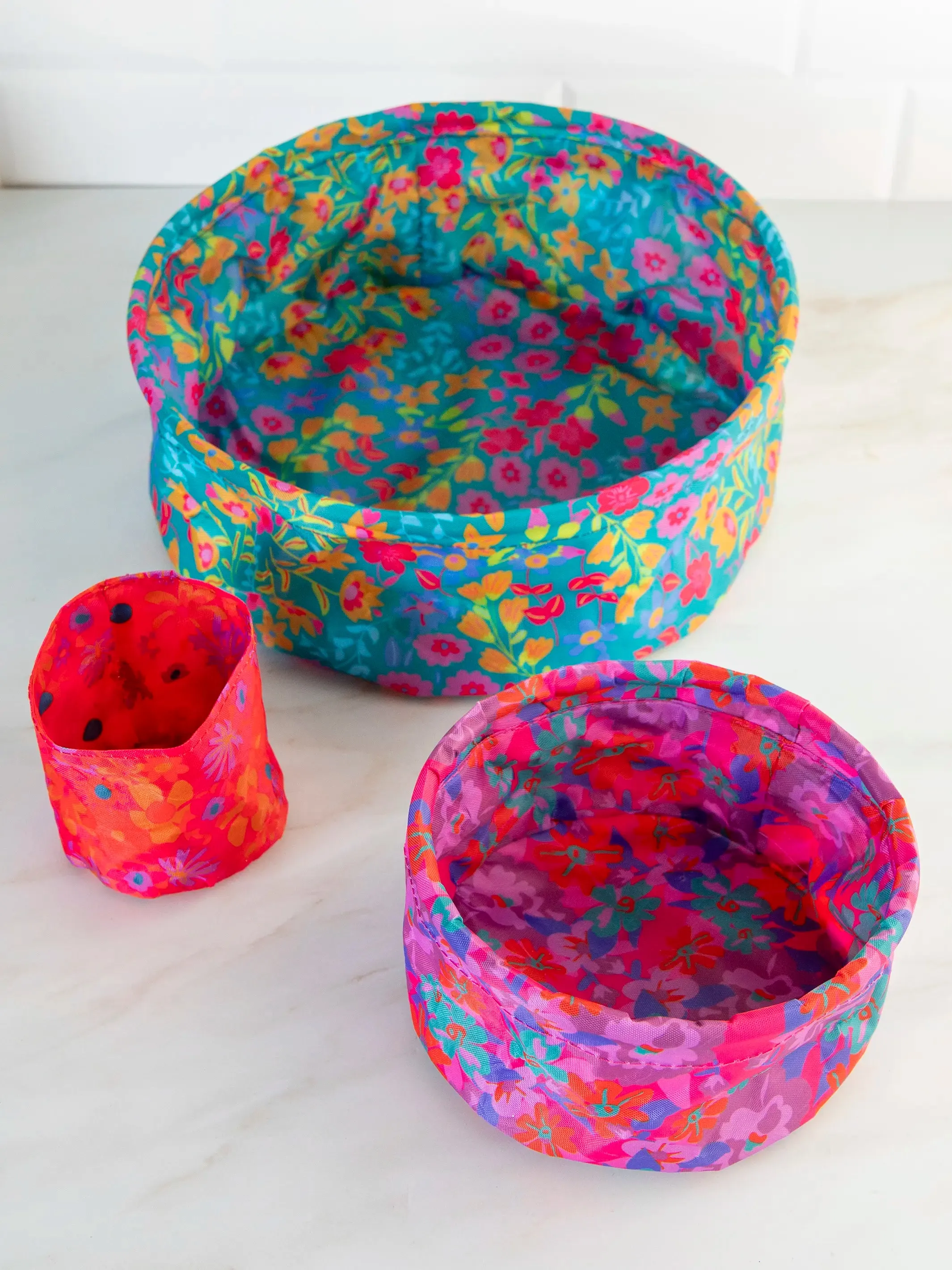 Mini Collapsible Storage Bins, Set of 3 - Turquoise Pink Floral