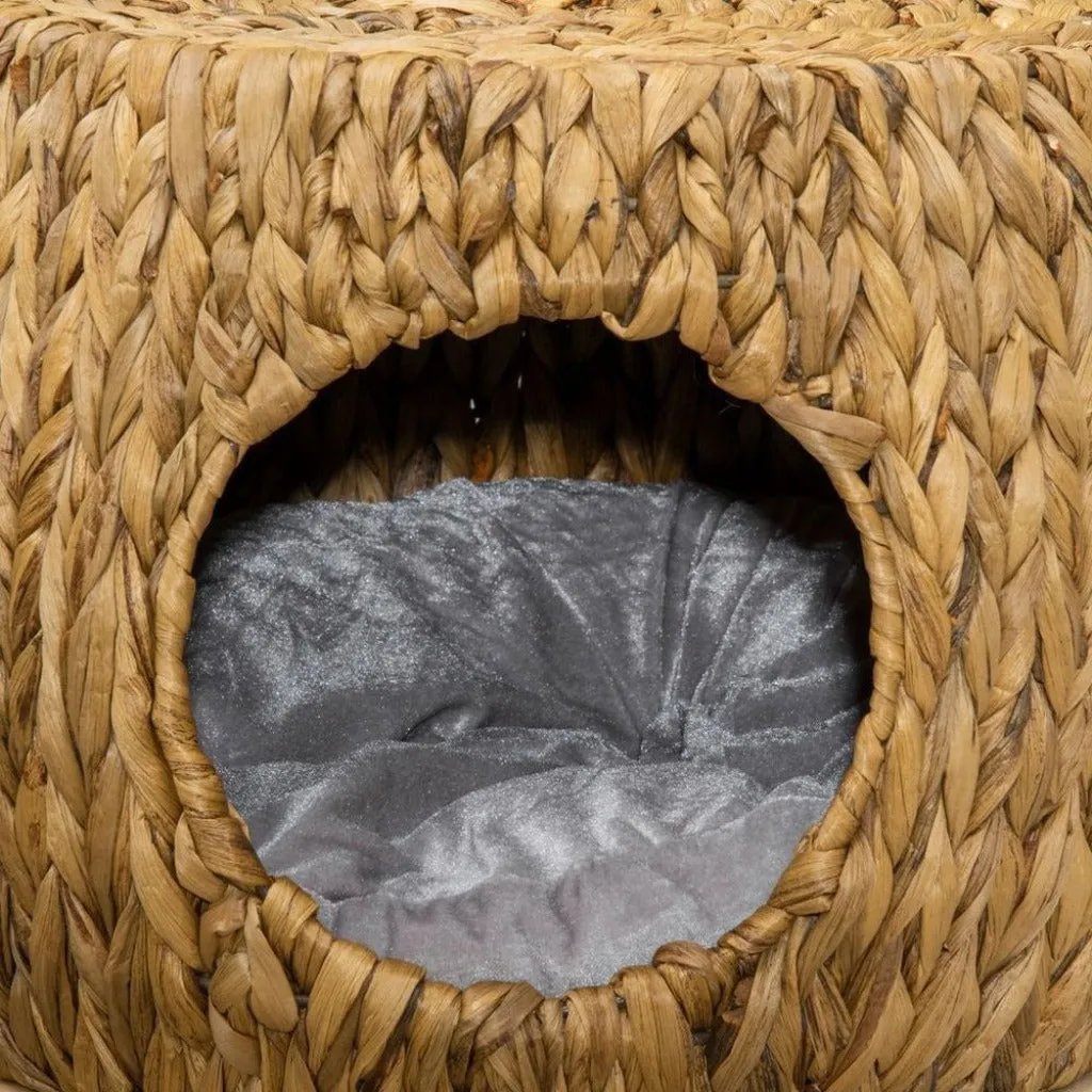 Natural Wicker Cat Basket - Rattan Cat Cave - Wicker Pet Bed with Cushion