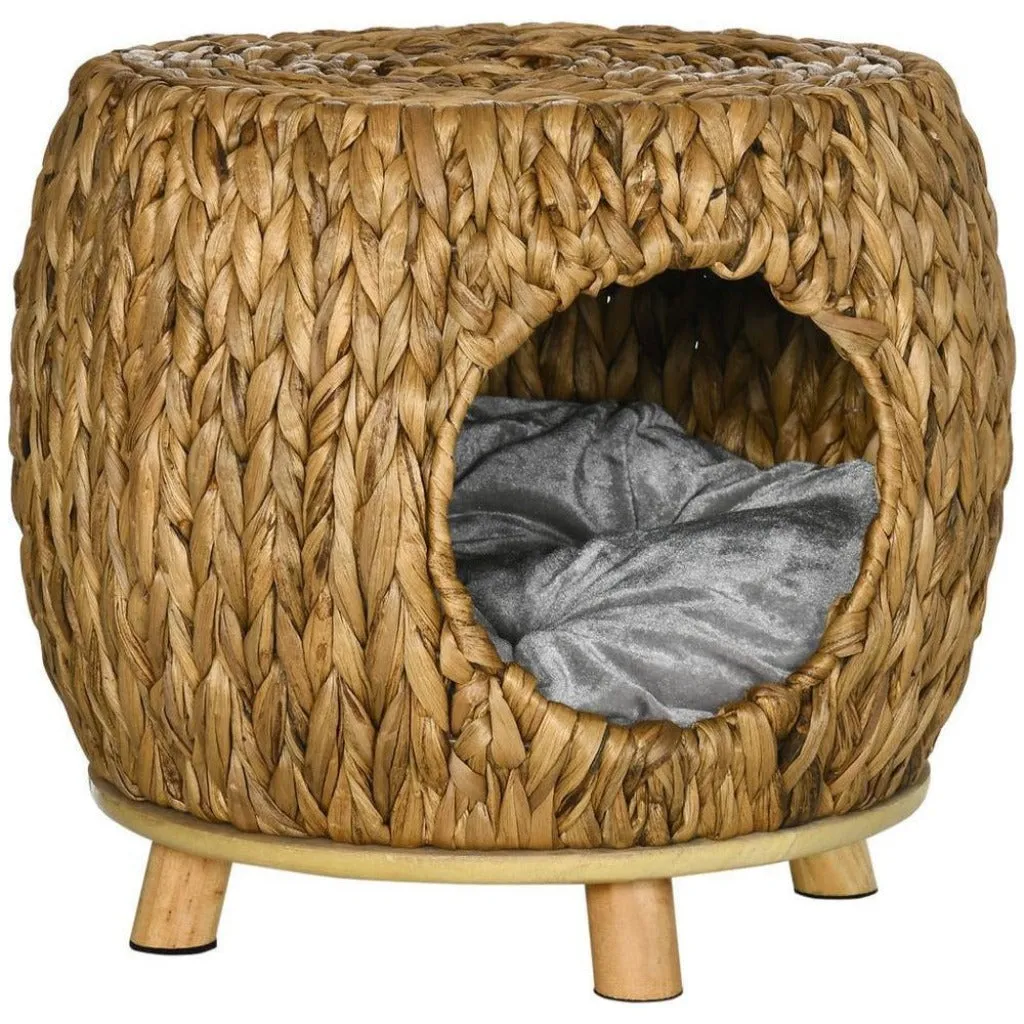 Natural Wicker Cat Basket - Rattan Cat Cave - Wicker Pet Bed with Cushion