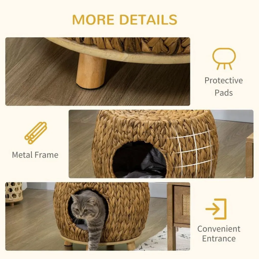 Natural Wicker Cat Basket - Rattan Cat Cave - Wicker Pet Bed with Cushion