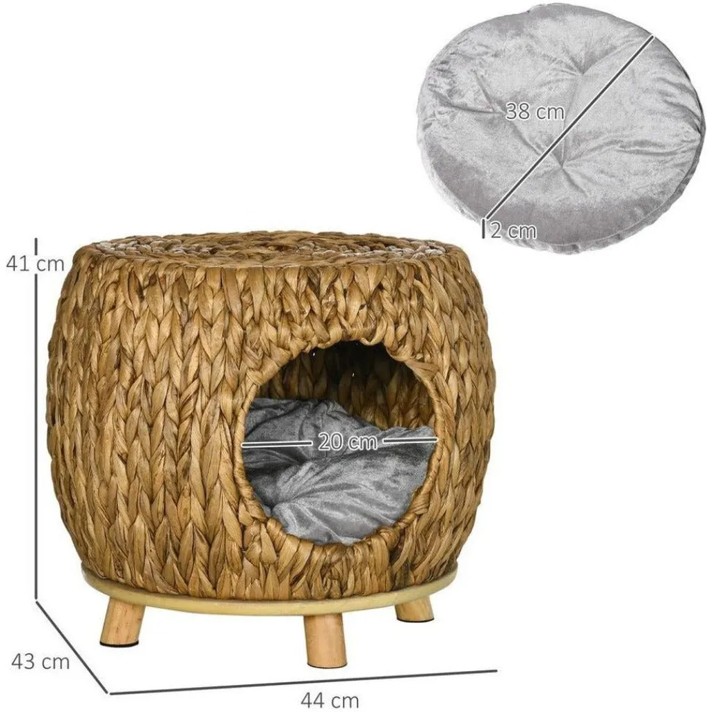 Natural Wicker Cat Basket - Rattan Cat Cave - Wicker Pet Bed with Cushion