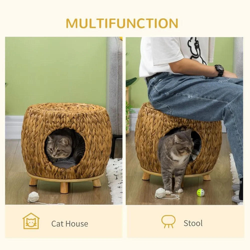 Natural Wicker Cat Basket - Rattan Cat Cave - Wicker Pet Bed with Cushion