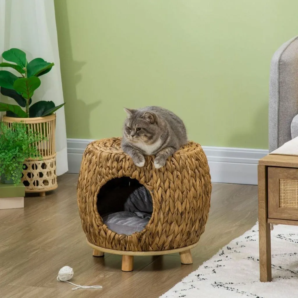 Natural Wicker Cat Basket - Rattan Cat Cave - Wicker Pet Bed with Cushion