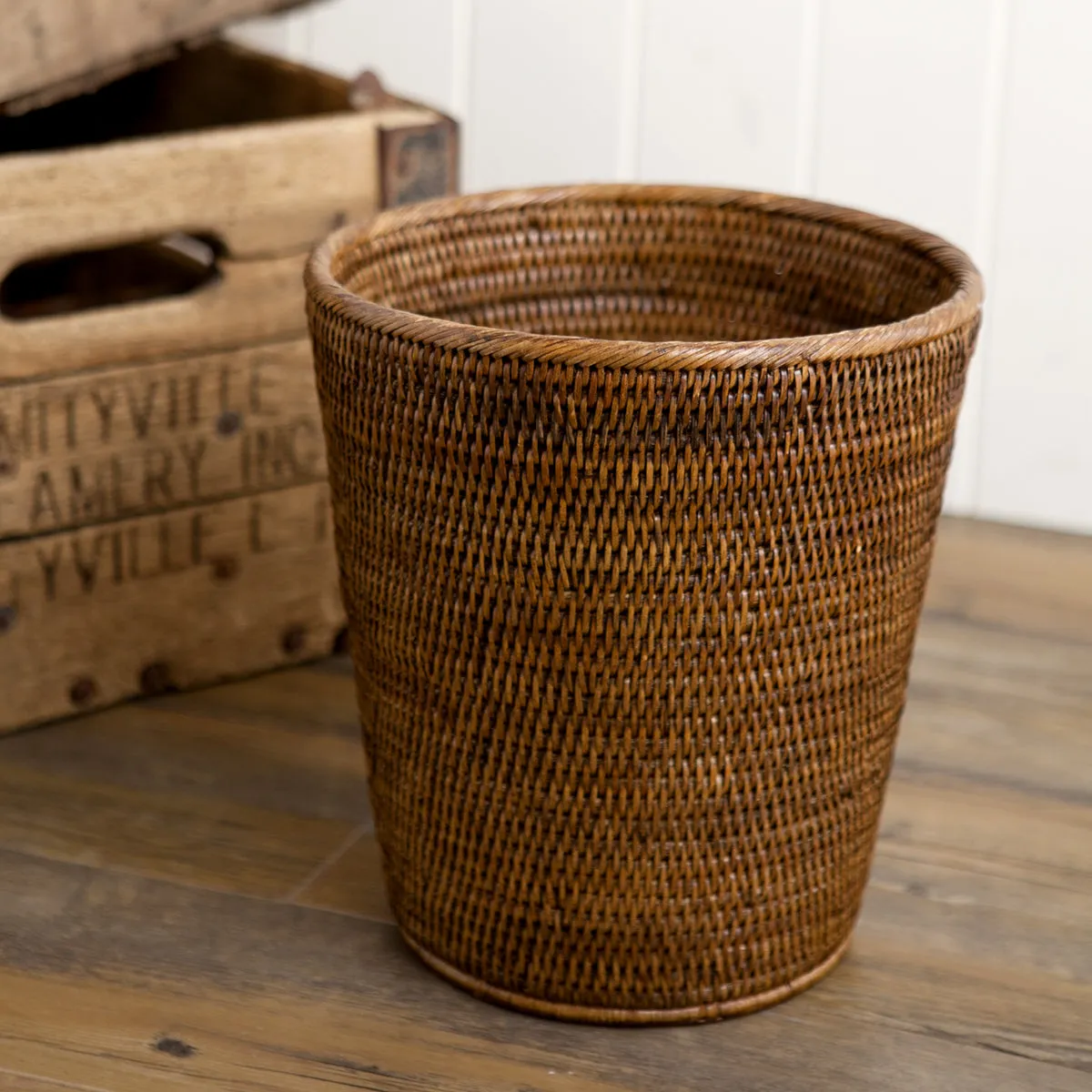 Rattan Waste Paper Bin Basket Round Brown