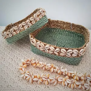 Set 2 Square Small Raffia Basket With Cowrie Shells