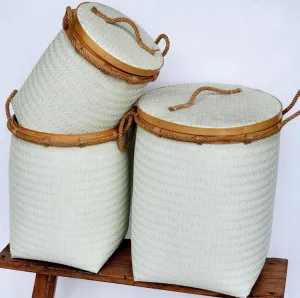 Set 3 Large White Basket Set With Lid