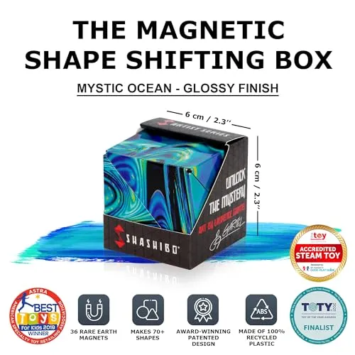 SHASHIBO Shape Shifting Box - Award-Winning, Patented Fidget Cube w/ 36 Rare Earth Magnets - Transforms Into Over 70 Shapes, Download Fun in Motion Toys Mobile App (Artist Series - Mystic Ocean)