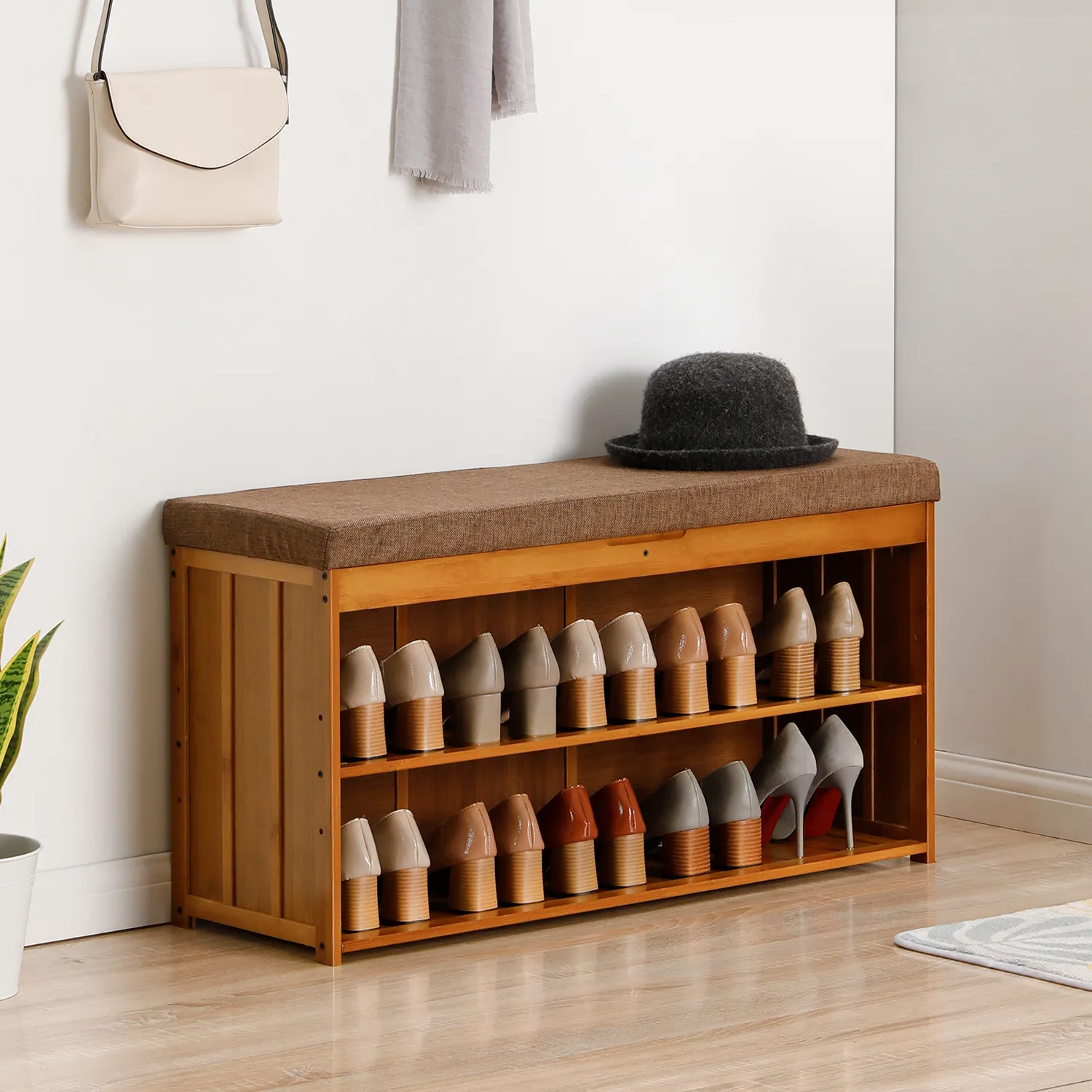 Shoe Rack Organizer Cabinet - Changing Bench - with Upholstered Flip-Open Storage - 2 Tier - Brown