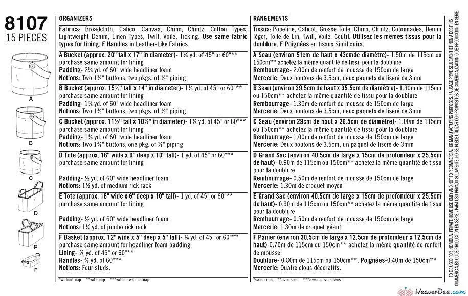 Simplicity Pattern S8107 Bucket, Basket & Tote Organizers