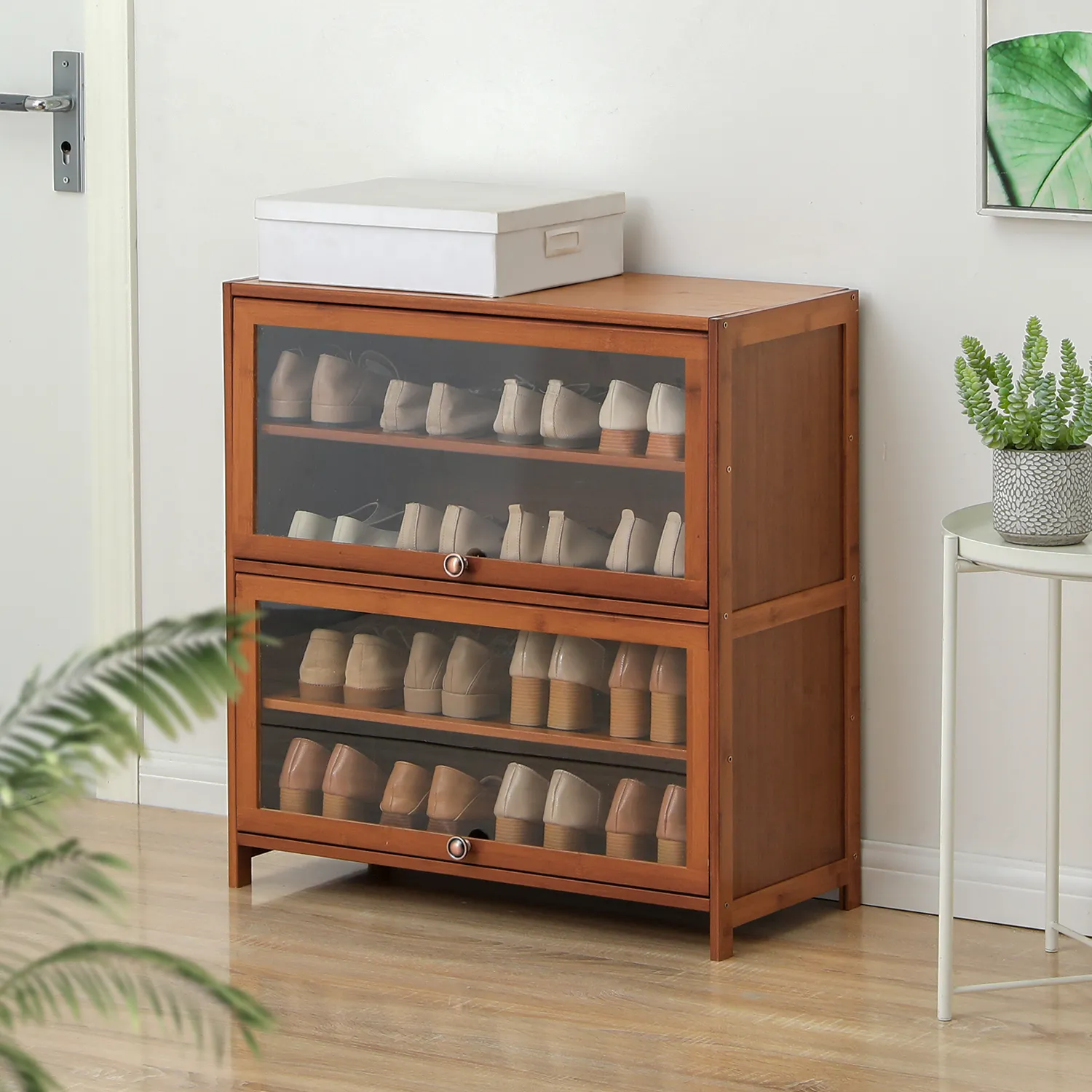 Slide Up Acrylic Panel Door Entryway Shoe Cabinet - 5 Tier - Brown