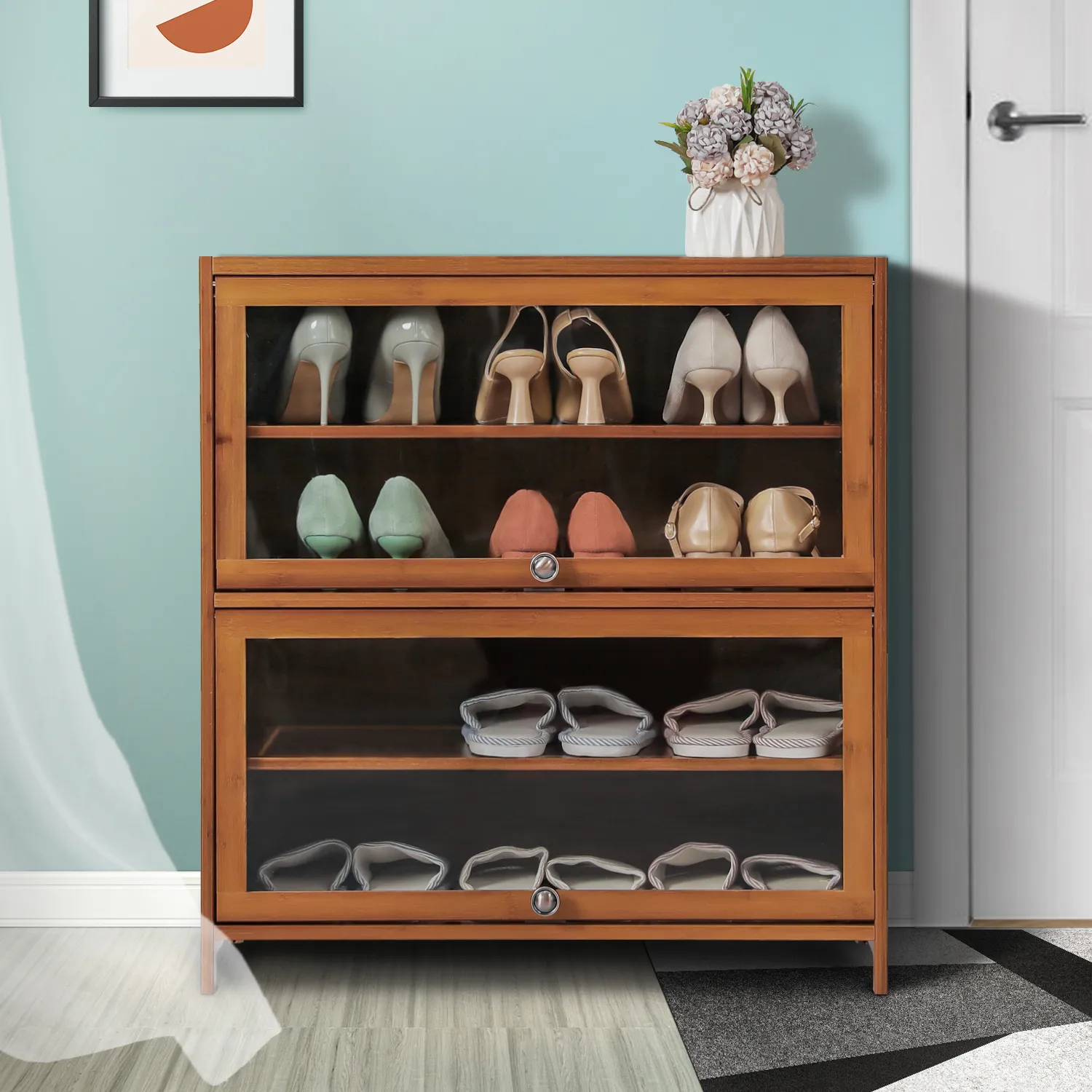 Slide Up Acrylic Panel Door Entryway Shoe Cabinet - 5 Tier - Brown