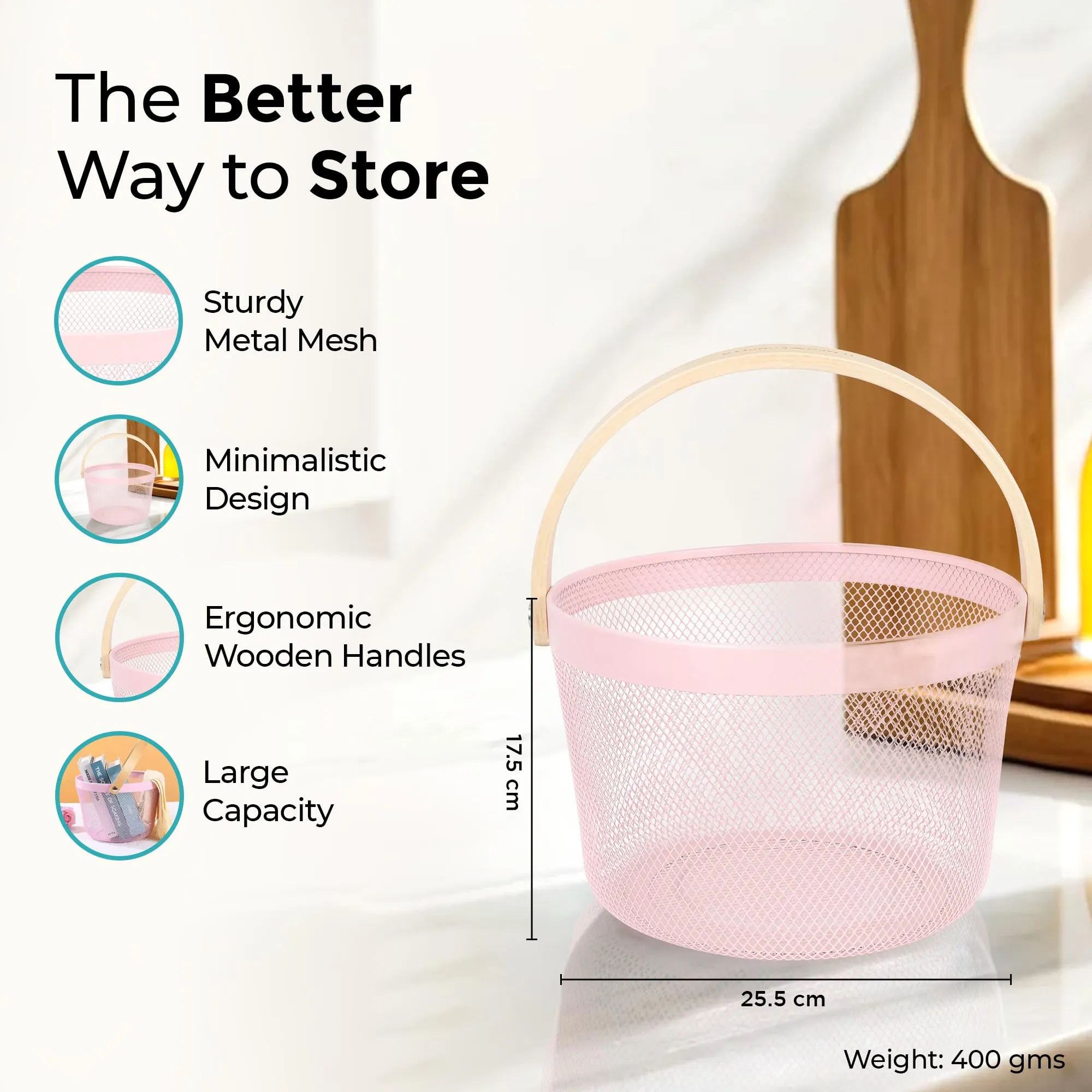 The Better Home Metal Mesh Basket for Storage with wooden handle | 400 Gm | Fruit Basket | Storage Organizer | Baskets for Organizing Home & Kitchen | Pink | Multipurpose