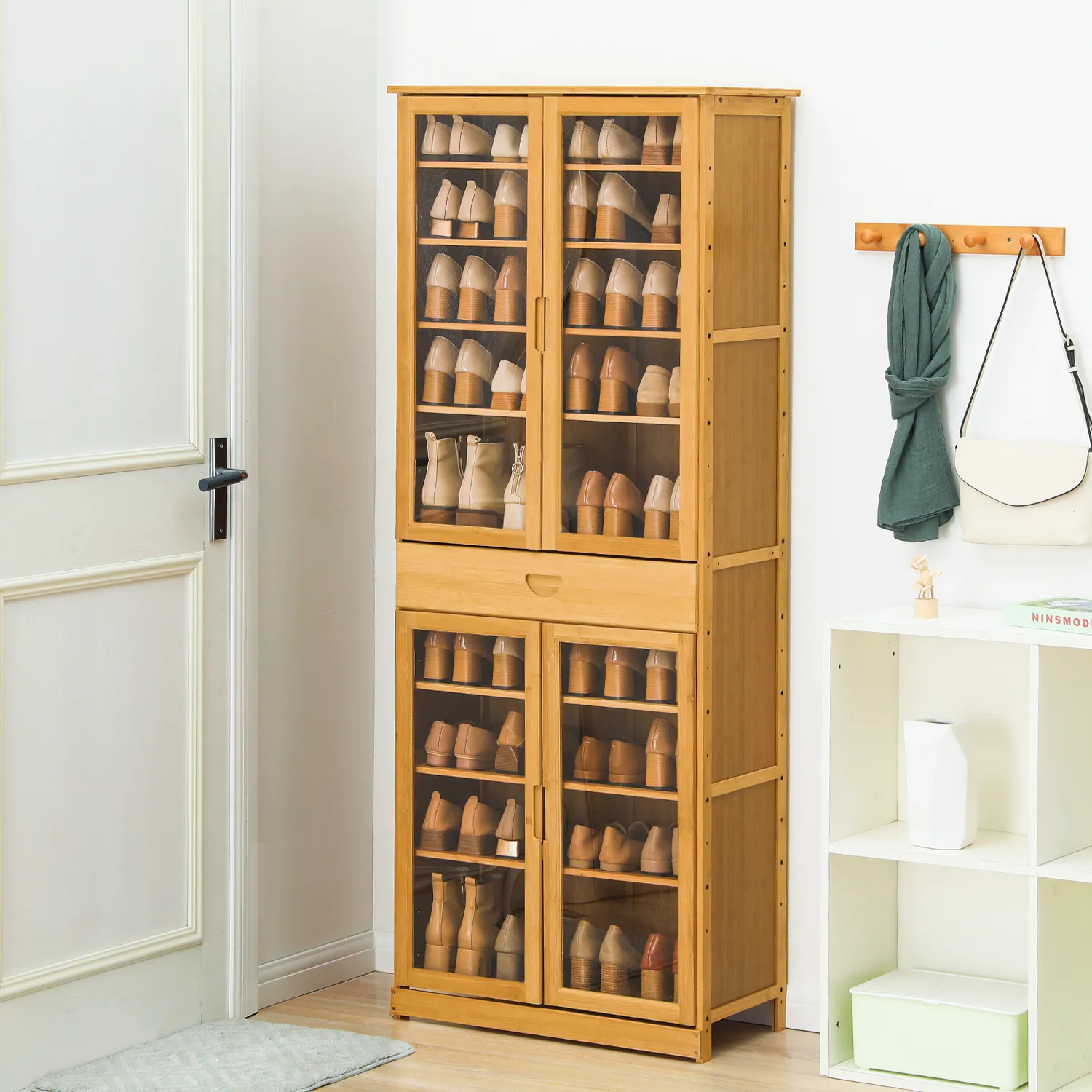 Visible Four-Doors Shoe Organizer w/Drawer - Bamboo/Acrylic - Natural