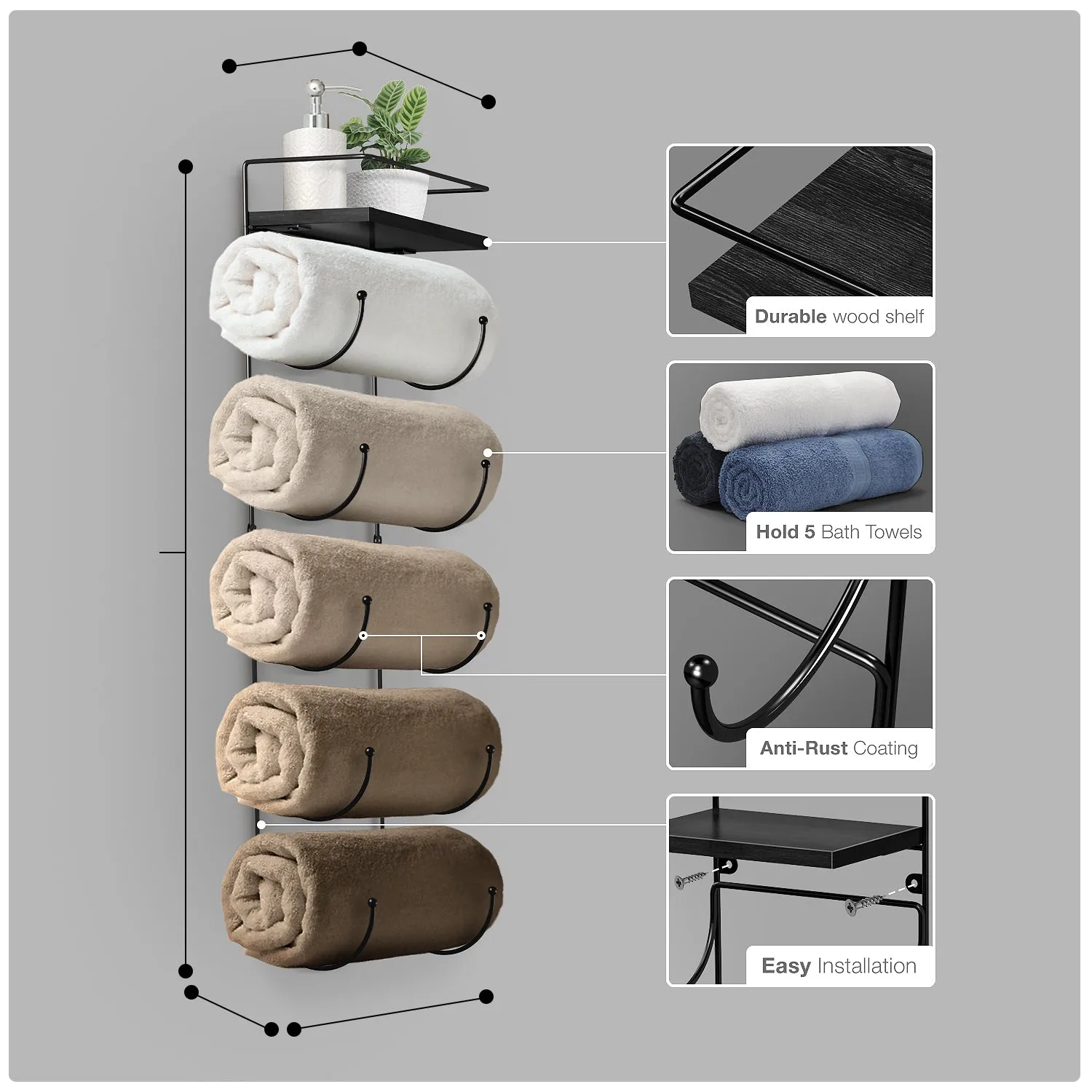 Wall Mounted Towel Rack with Shelf