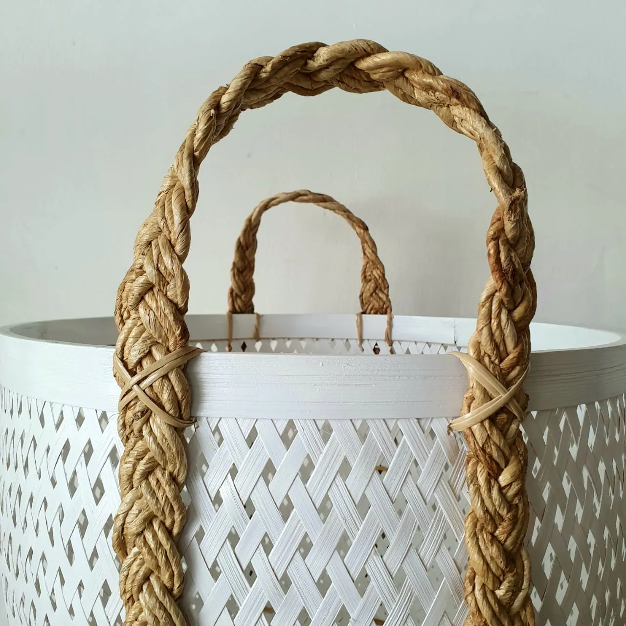 White & Black Bamboo Basket Sets With Natural Handles