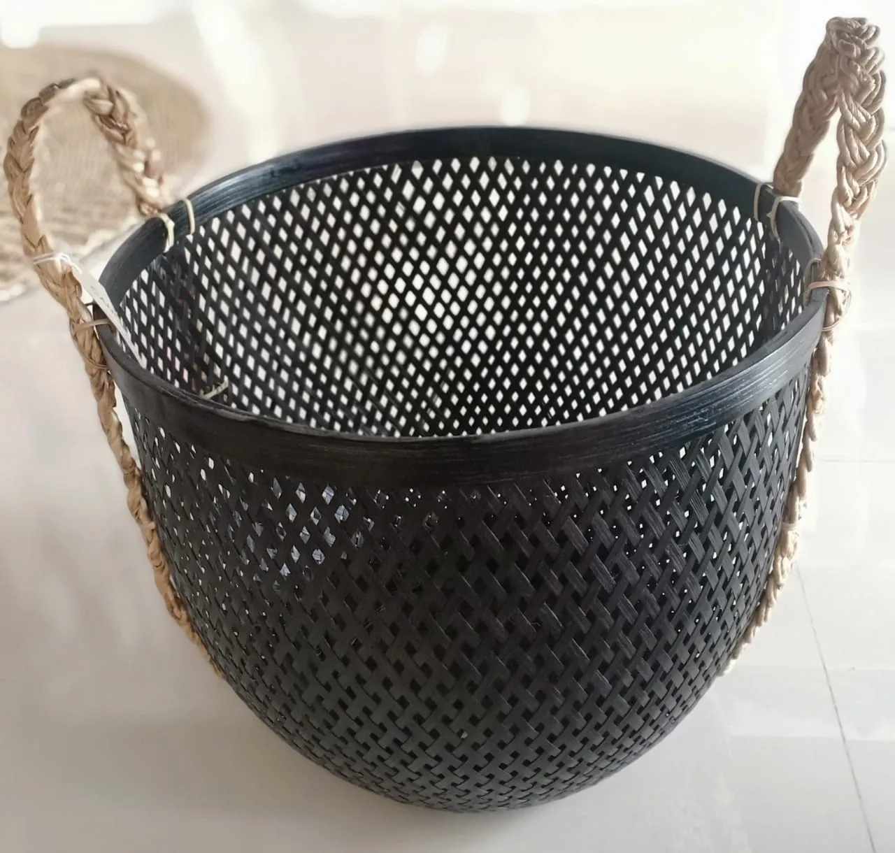 White & Black Bamboo Basket Sets With Natural Handles