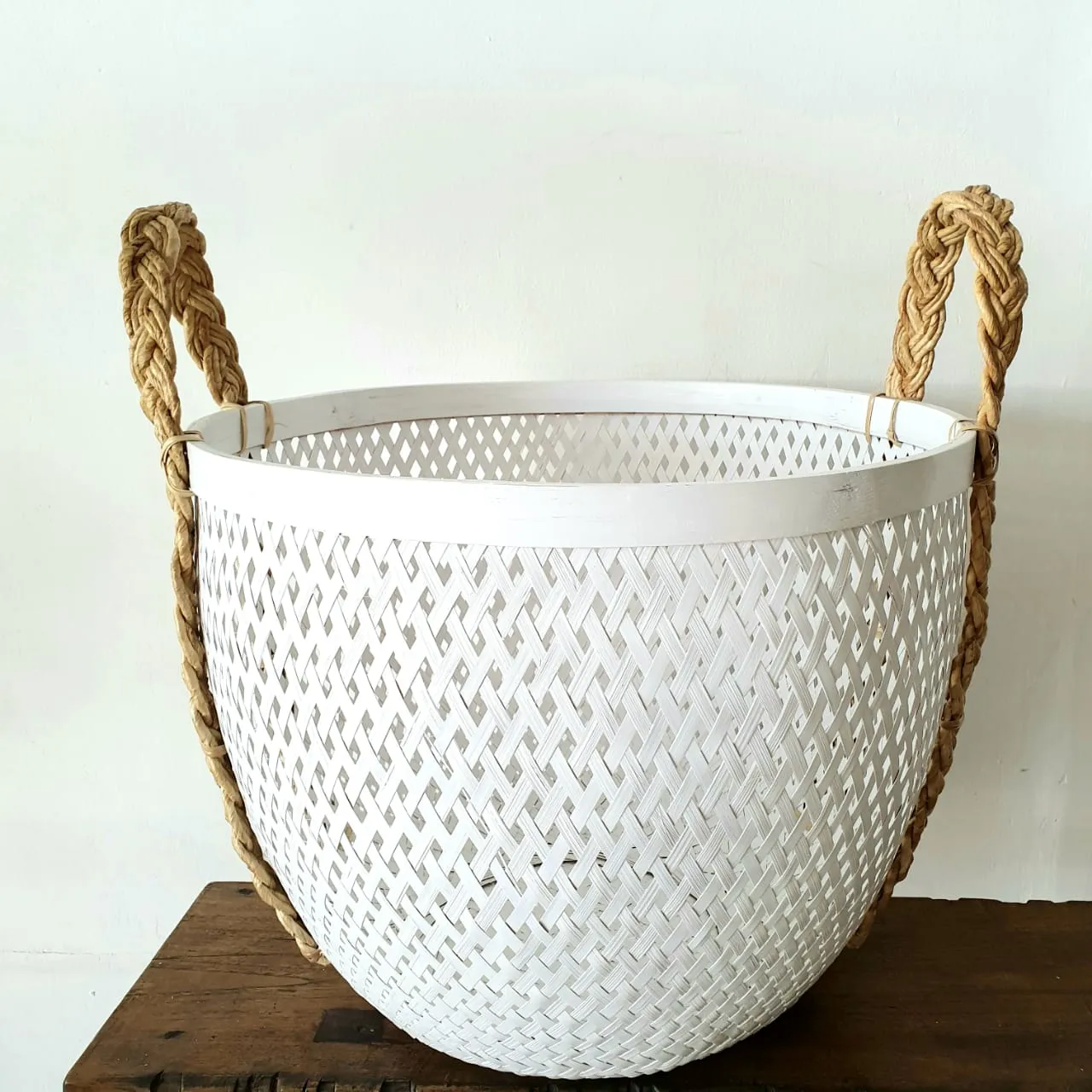 White & Black Bamboo Basket Sets With Natural Handles